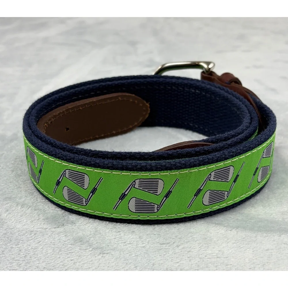 Belted Cow Co Mens Belt Green Golf Clubs Canvas Navy Blue Leather Trim Size 40